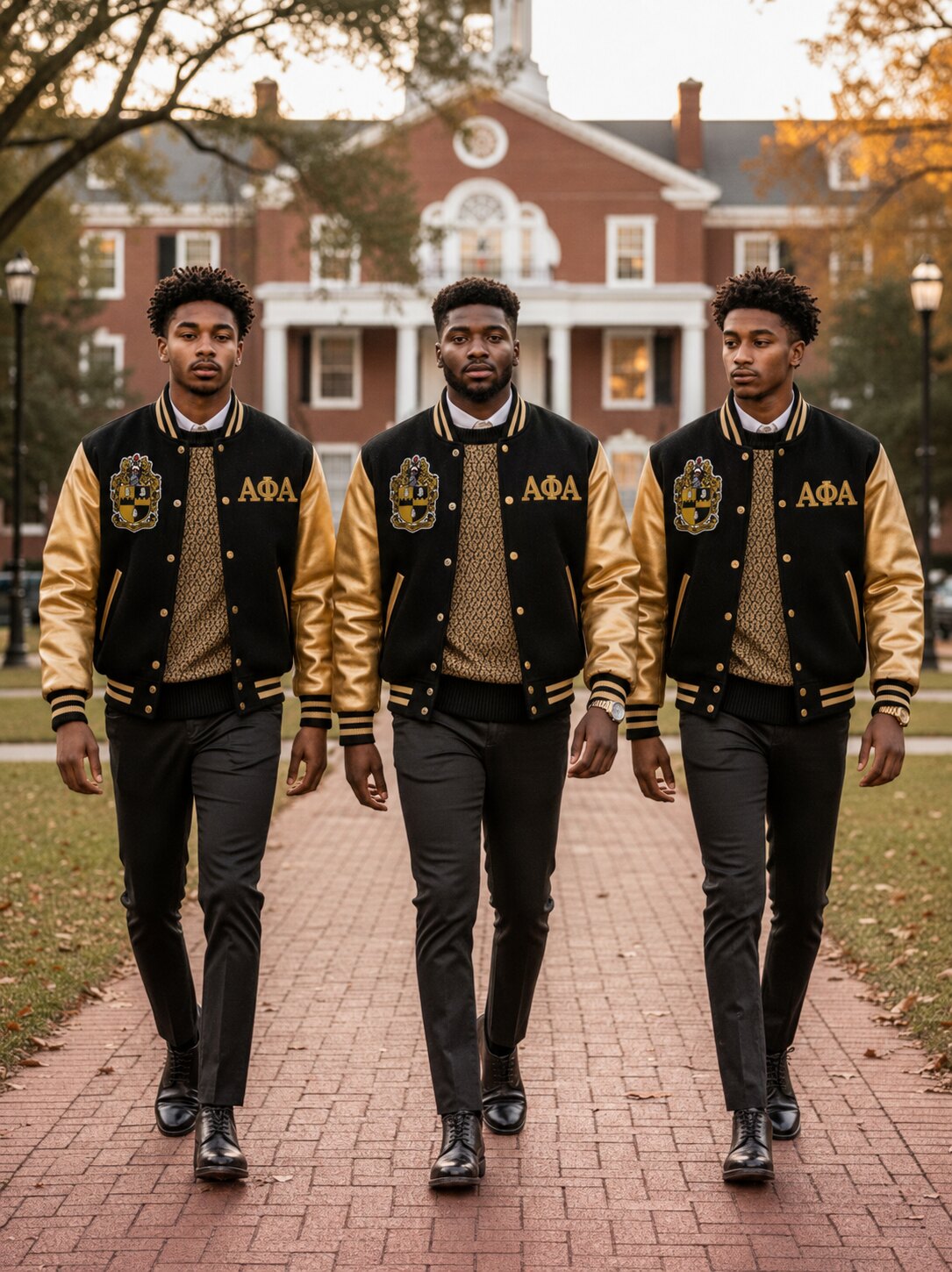 Black college-age men wearing black and gold jackets with Alpha Phi Alpha crests and Greek letters