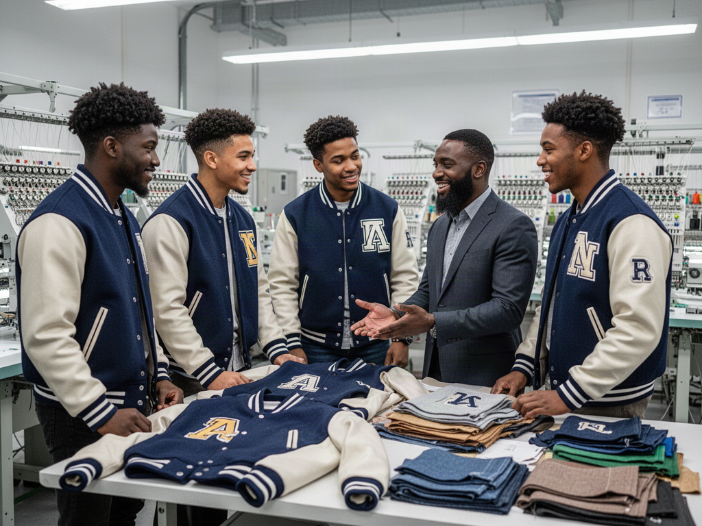African American college-age men reviewing apparel with a Black business owner