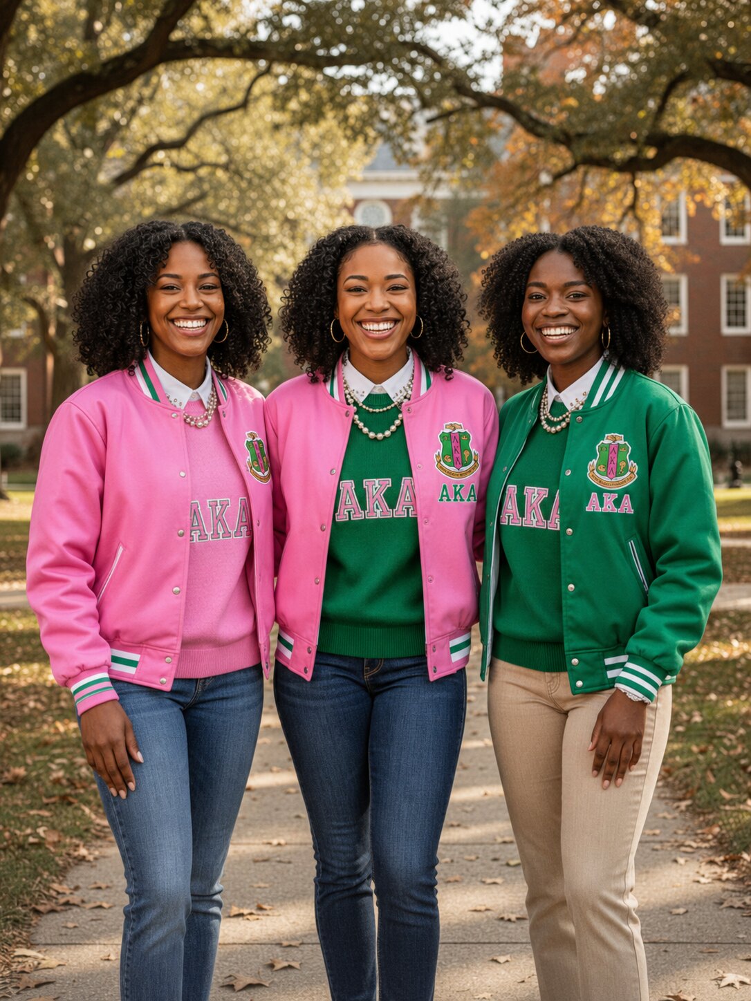 Black college-age women wearing pink and green jackets with Alpha Kappa Alpha crests and letters