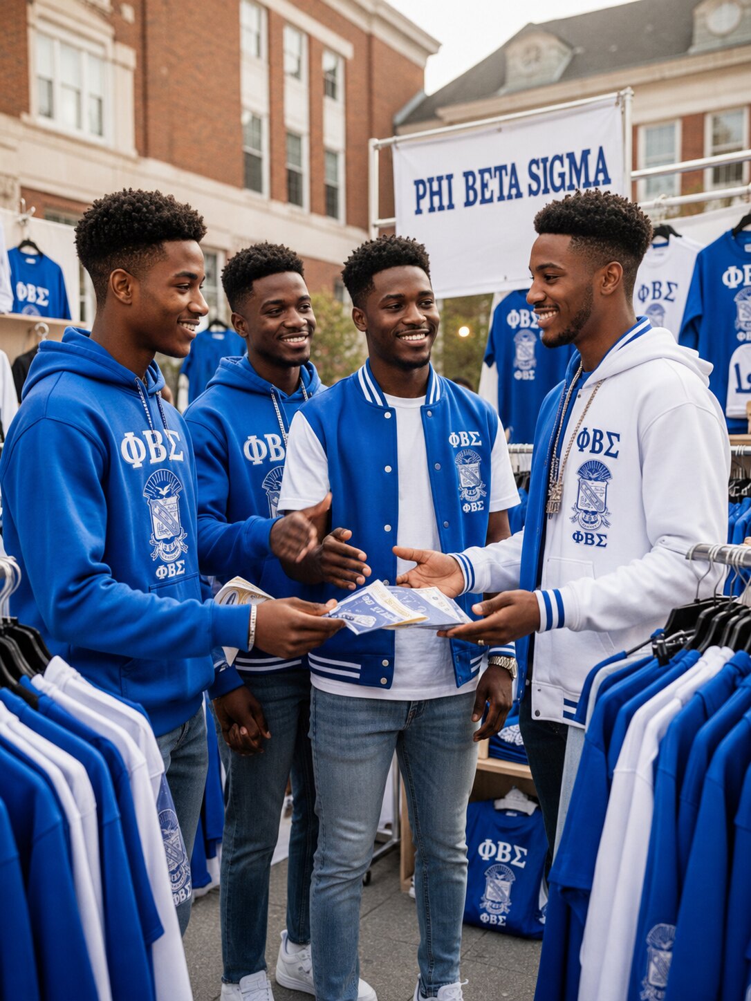 Black college-age men wearing blue and white apparel with Phi Beta Sigma crests and Greek letters