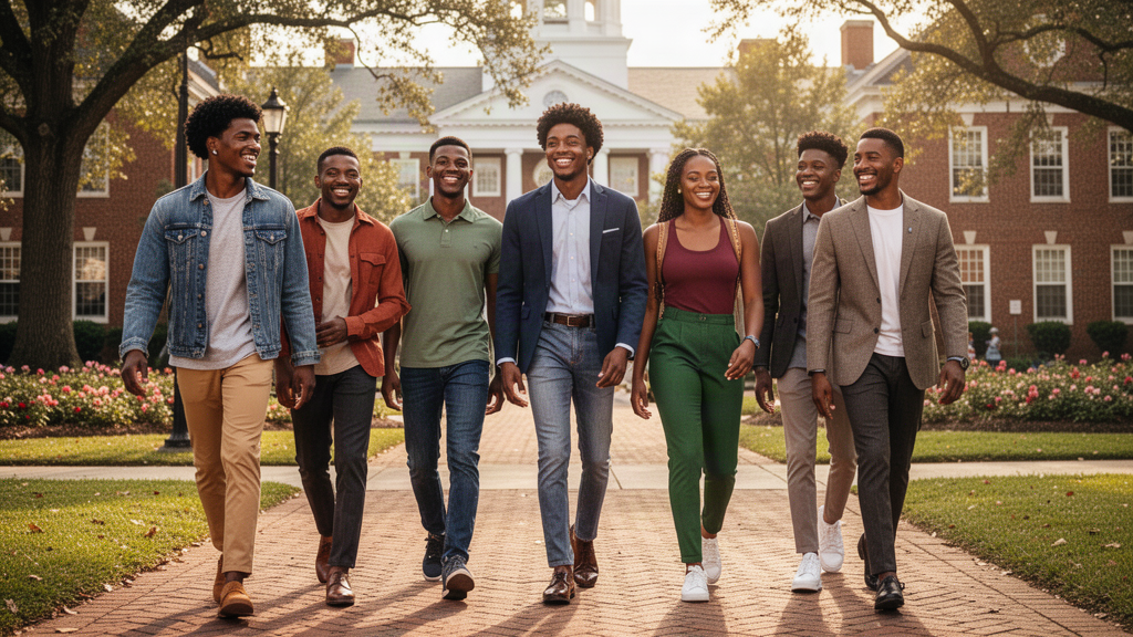 African American college-age men and women walking together on campus